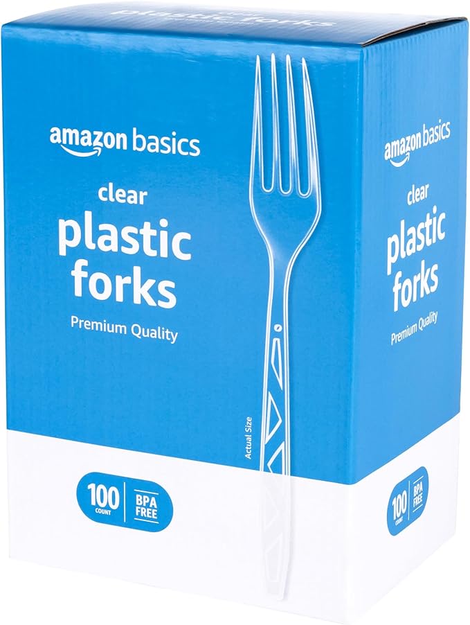 Amazon Basics Disposable Clear Plastic Forks, Premium Quality, 100 Count