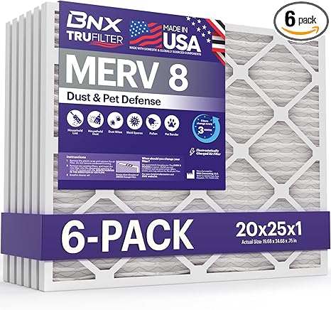 BNX TruFilter 20x25x1 Air Filter MERV 8 (6-Pack) - MADE IN USA